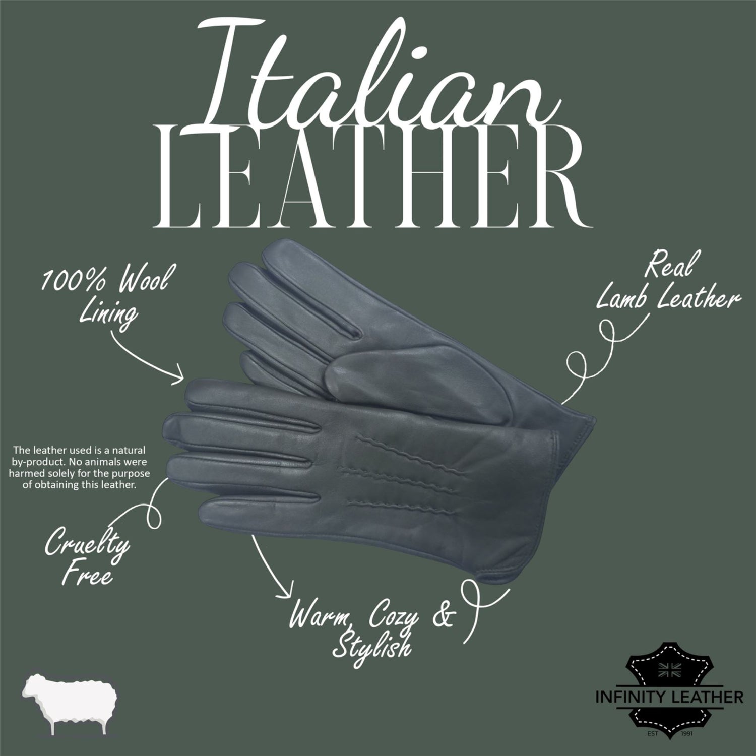 Womens Italian Leather Winter Stitch Line Design Soft Wool Lining Gloves