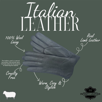 Womens Italian Leather Winter Stitch Line Design Soft Wool Lining Gloves
