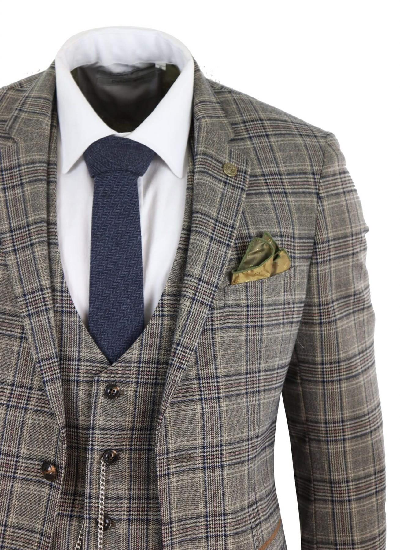 Mens 3 Piece Tan Brown Herringbone Check Suit - Upperclass Fashions 