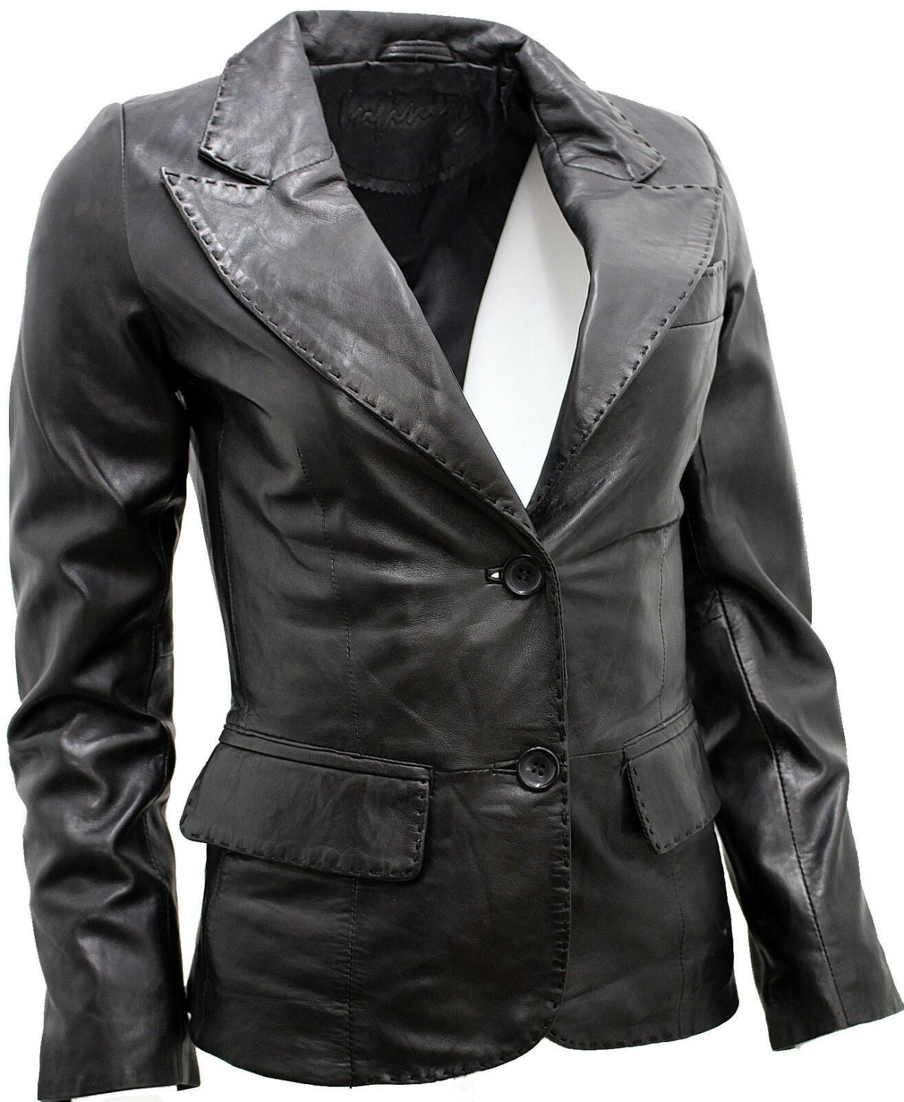Womens 2 Button Leather Blazer Jacket-Newport