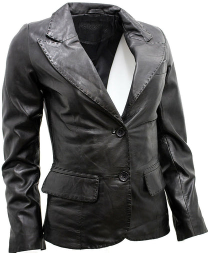 Womens 2 Button Leather Blazer Jacket-Newport