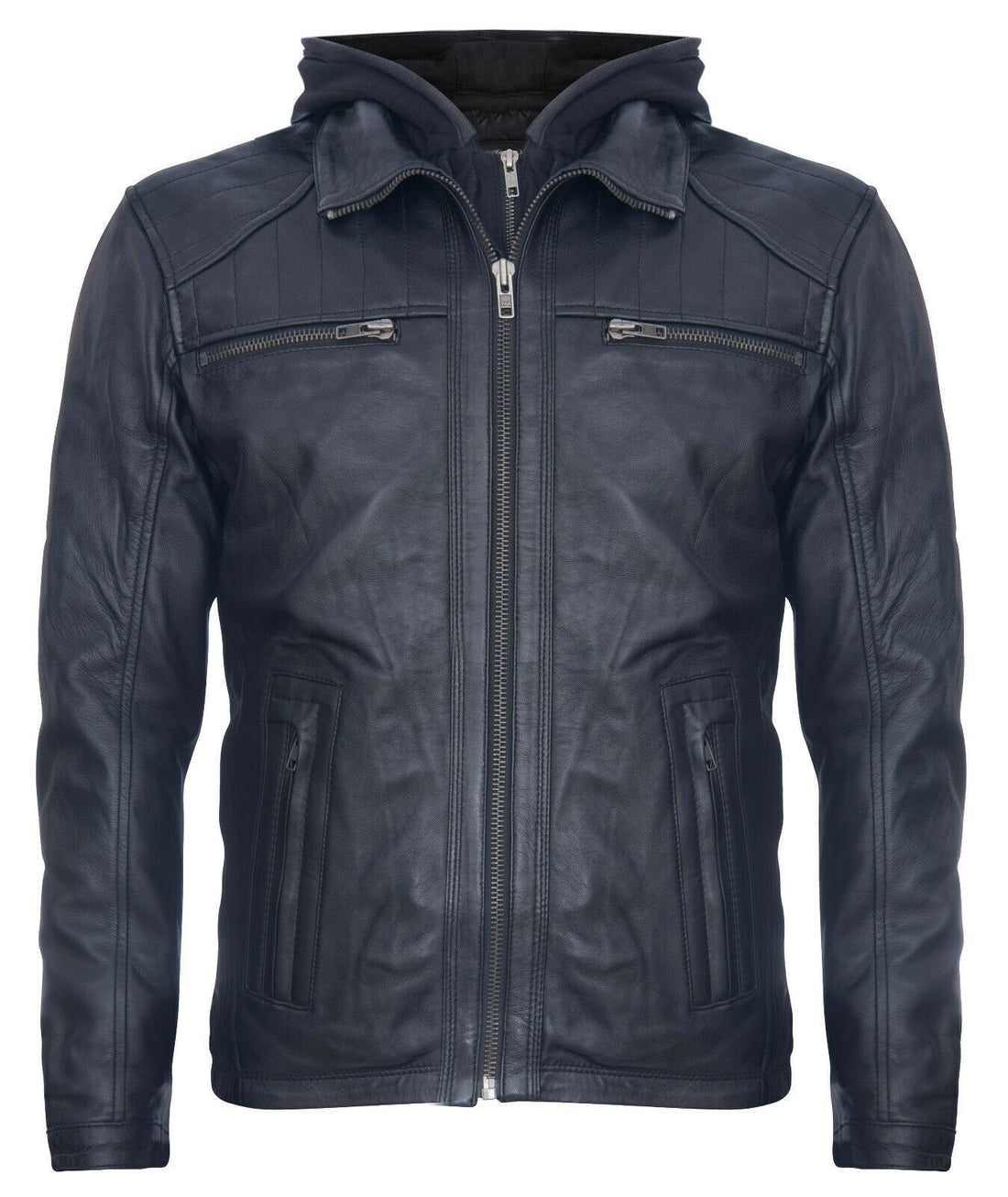 Mens Hooded Classic Black Leather Jacket-Stalham - Upperclass Fashions 