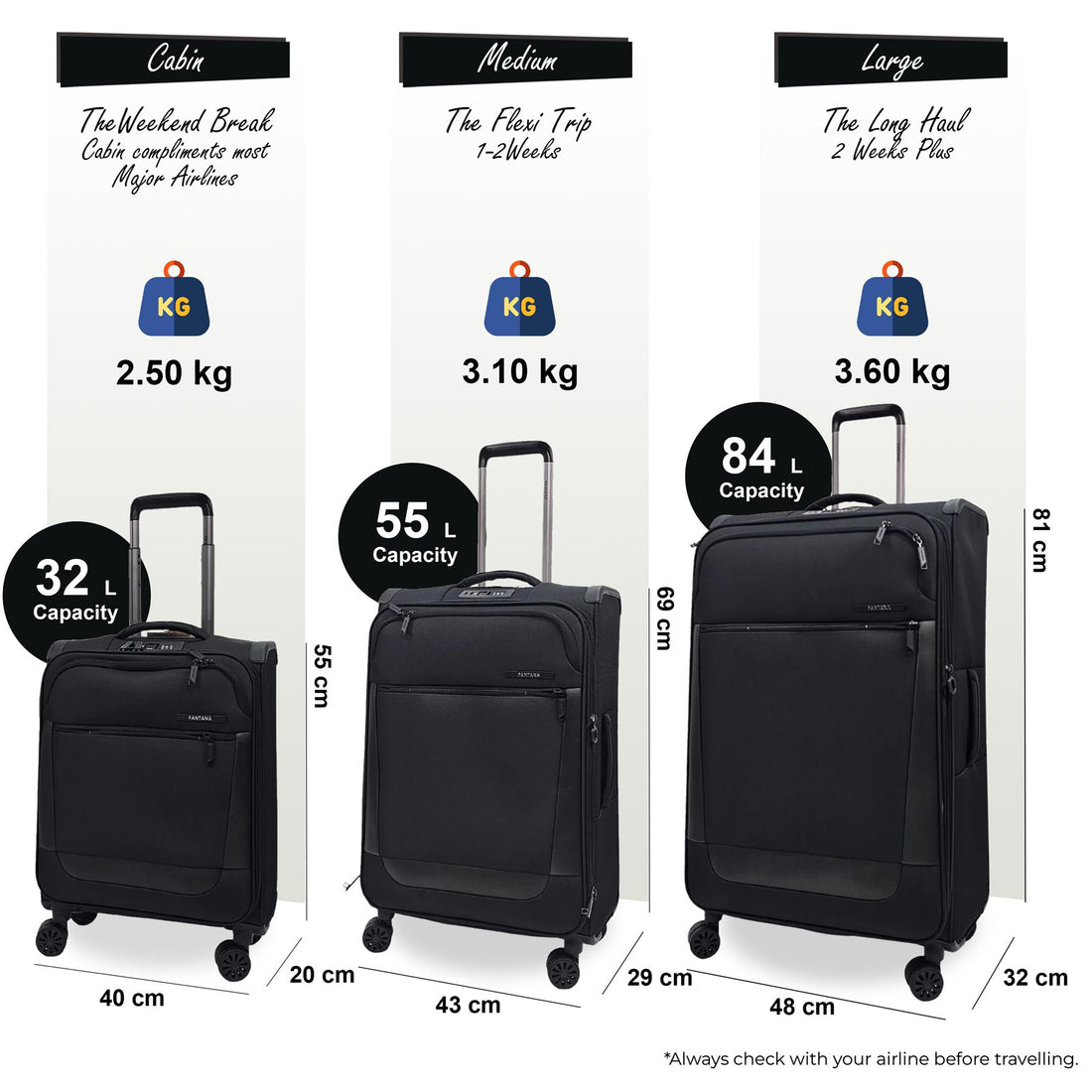 Blountsville Set of 3 Soft Shell Suitcase in Black