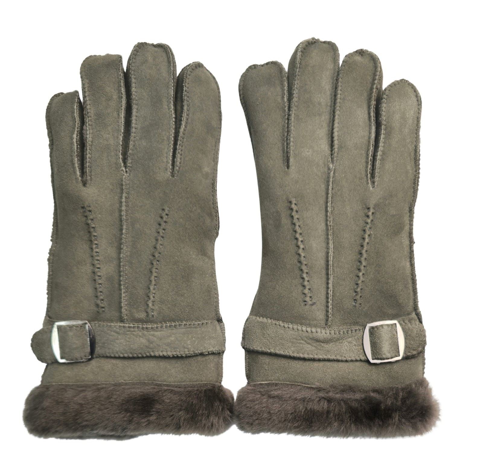 Mens Grey Luxury Sheepskin Suede Leather Gloves With Buckle