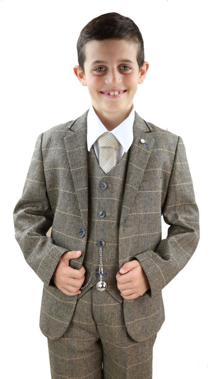 Boys 3 Piece Tan Brown Herringbone Tweed Check Classic  Suit