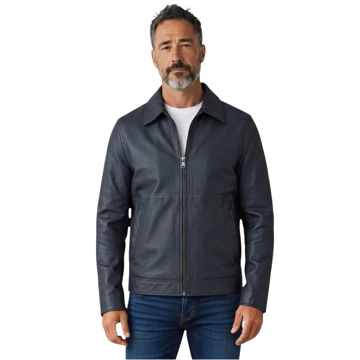 Mens Leather Harrington Collar Biker Jacket - Alpha