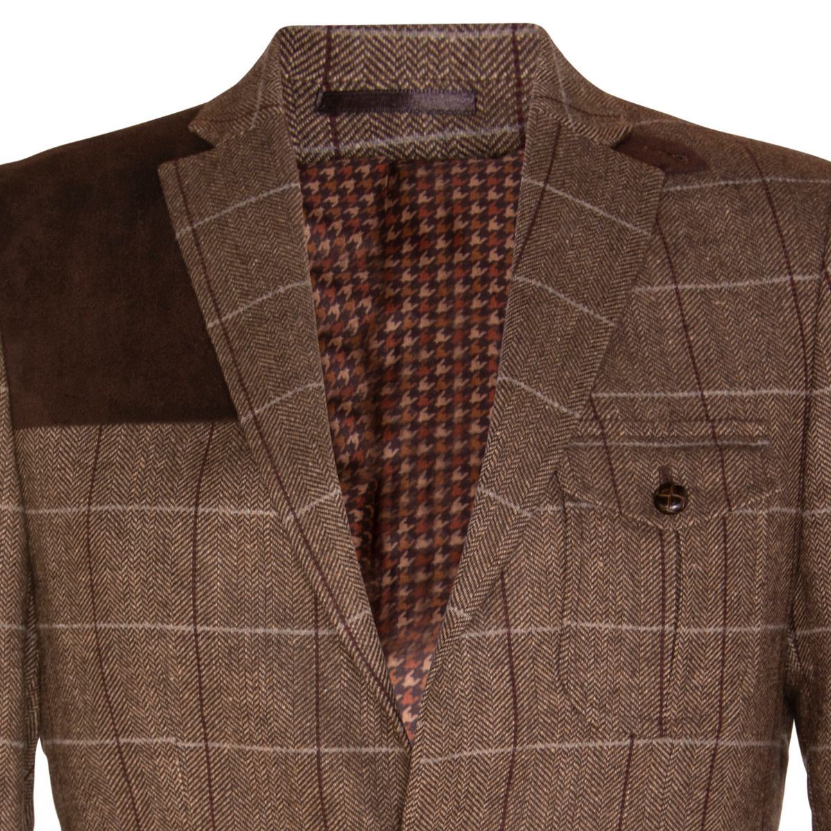 Mens Wool Tweed Shooting Check Hunting Herringbone Blazer Oak Elbow Patch Jacket