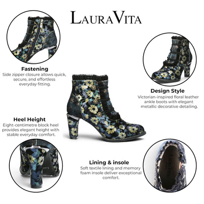 Laura Vita Floral Womens Victorian Blue Leather Heel Ankle Boots - Alcbaneo-130