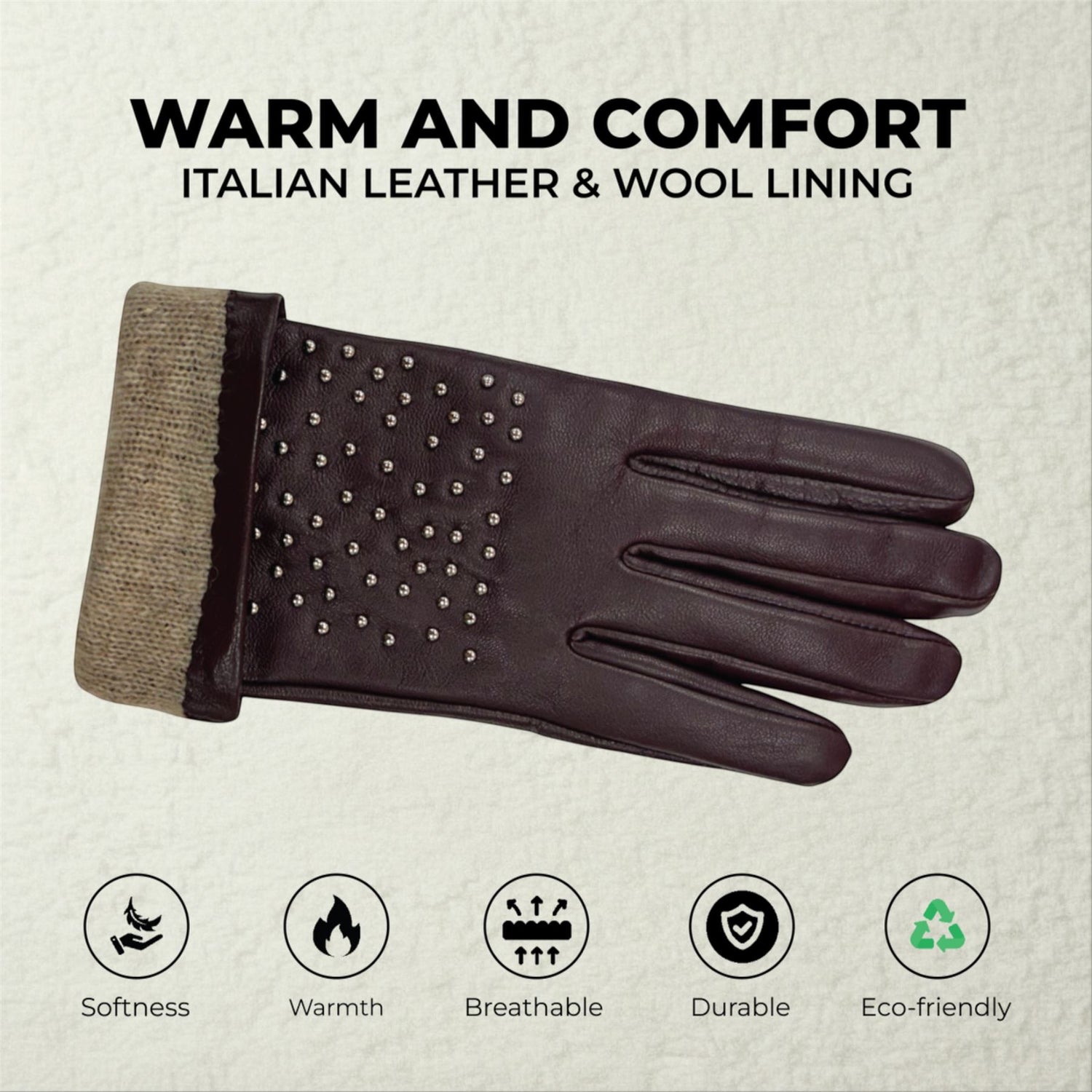Womens Italian Leather Winter Studded Design Soft Wool Lining Gloves - L-GLV-601