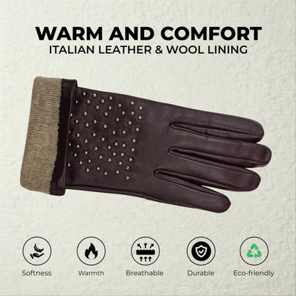 Womens Italian Leather Winter Studded Design Soft Wool Lining Gloves - L-GLV-601