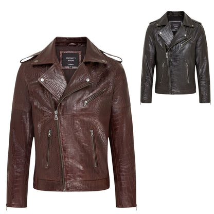 Mens Cow Leather Alligator Print Embossed Biker Jacket - Rot