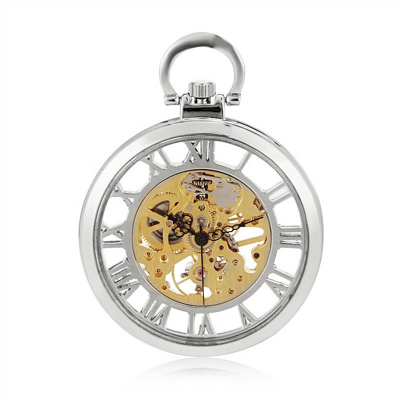 Open-Face Silver Alloy Mechanical Skeleton Silver Pocket Watch