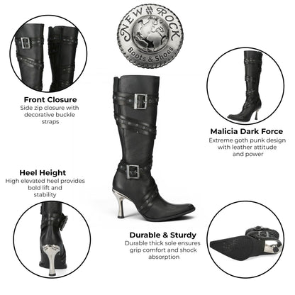 New Rock Womens Black Leather Gothic Knee-High Heeled Boots - M-9029-C10