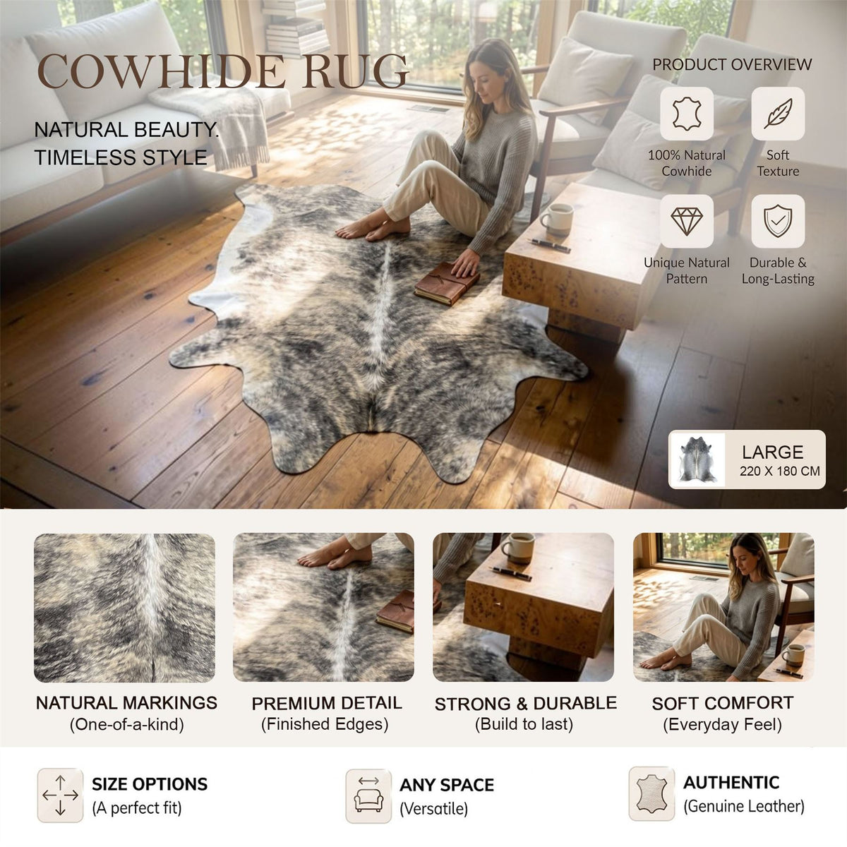 Natural Cow Leather Cowhide Hairon Rug - Light Brindle