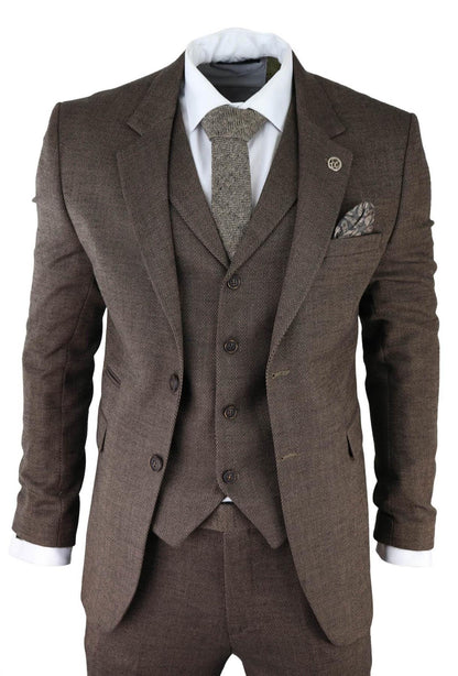 Mens Brown 3 Piece Tweed Herringbone Suit Peaky Blinders Classic Tailored - Upperclass Fashions 