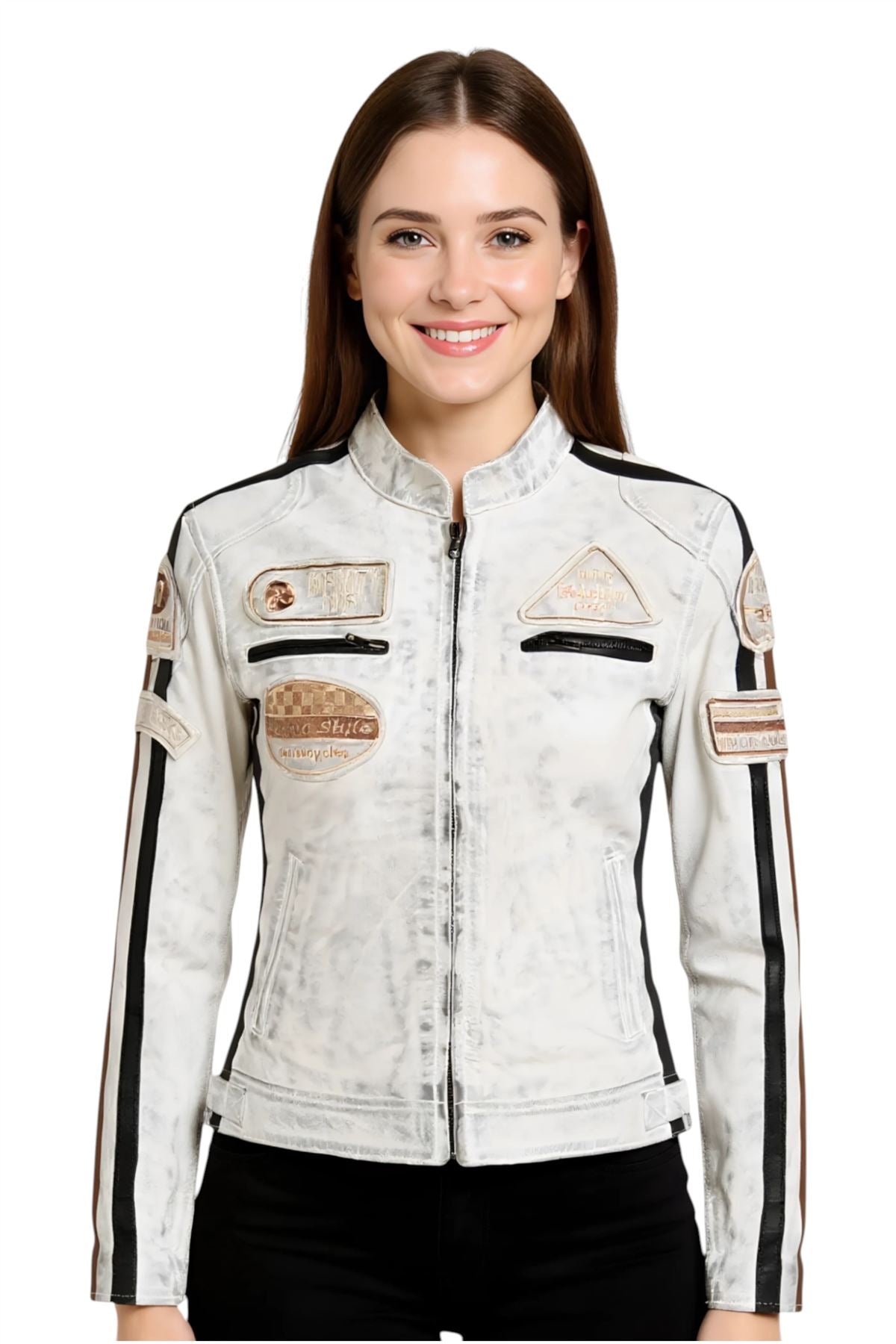 Womens Biker Racing Badges Leather Jacket-Eastleigh