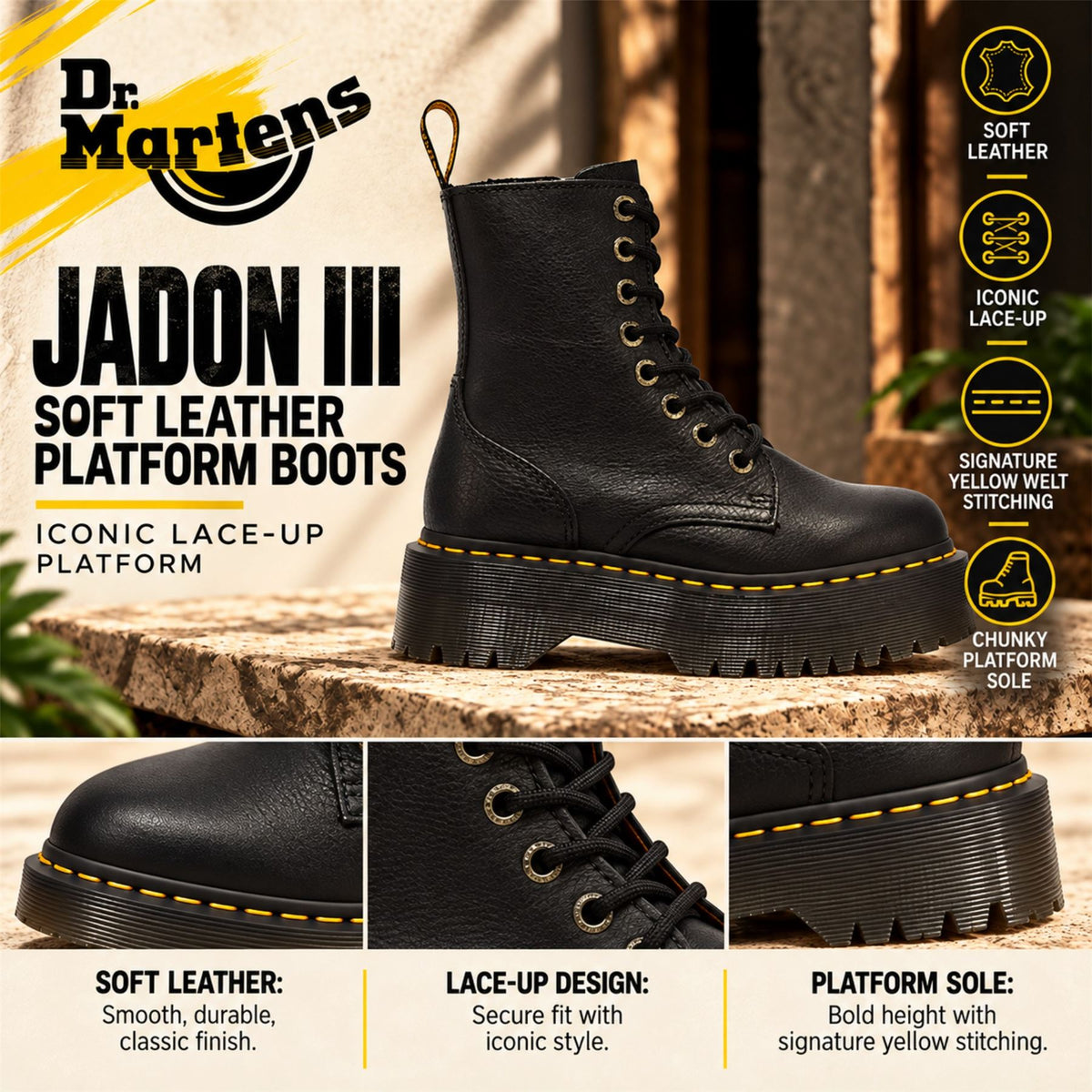 Dr Martens  Jadon III Black Soft Leather Platform Boots -26378001