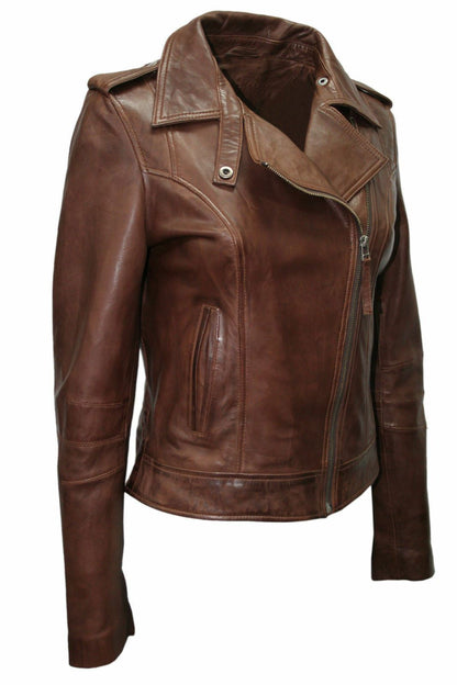 Womens Vintage Chestnut Leather Biker Jacket-Meltham