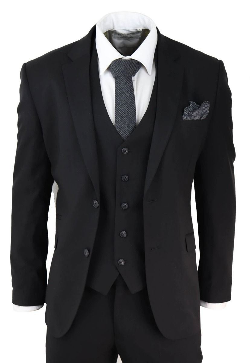 Mens 3 Piece Plain Black Classic Retro Tailored Suit - Upperclass Fashions 