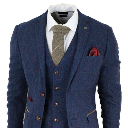 Mens Blue Tweed Check 3-Piece Suit - Upperclass Fashions 