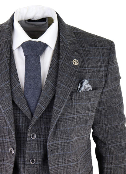 Mens Grey Check 3 Piece Tweed Suit Peaky Blinders 1920s Gatsby Tailored Fit - Upperclass Fashions 