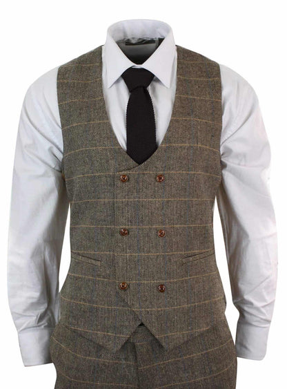 Mens 3 Piece Tan Herringbone Tweed Check Suit