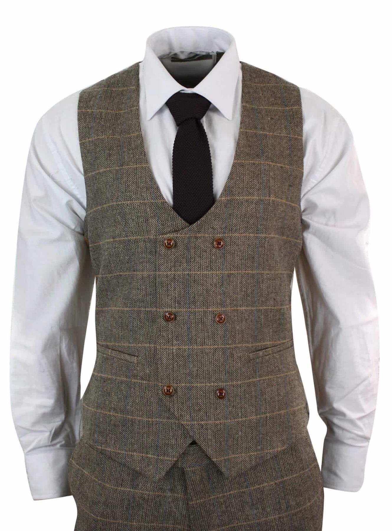 Mens 3 Piece Tan Herringbone Tweed Check Suit - Upperclass Fashions 