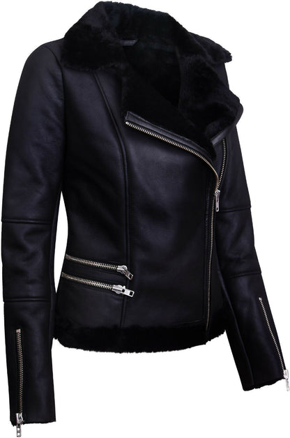 Womens Shearling Sheepskin Black Aviator Jacket-Patchway