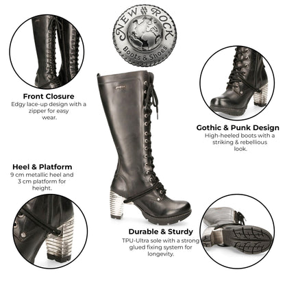 New Rock M-TR005-S1 Ladies Knee High Black Gothic High-Heeled Boots