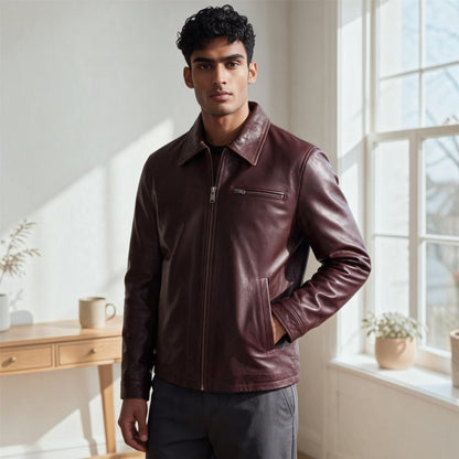 Mens Leather Harrington Collar Biker Jacket - Arick