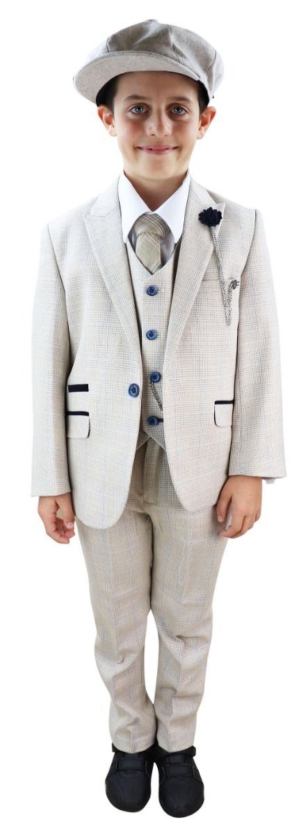 Boys 3 Piece Cream Herringbone Tweed Check Classic Suit
