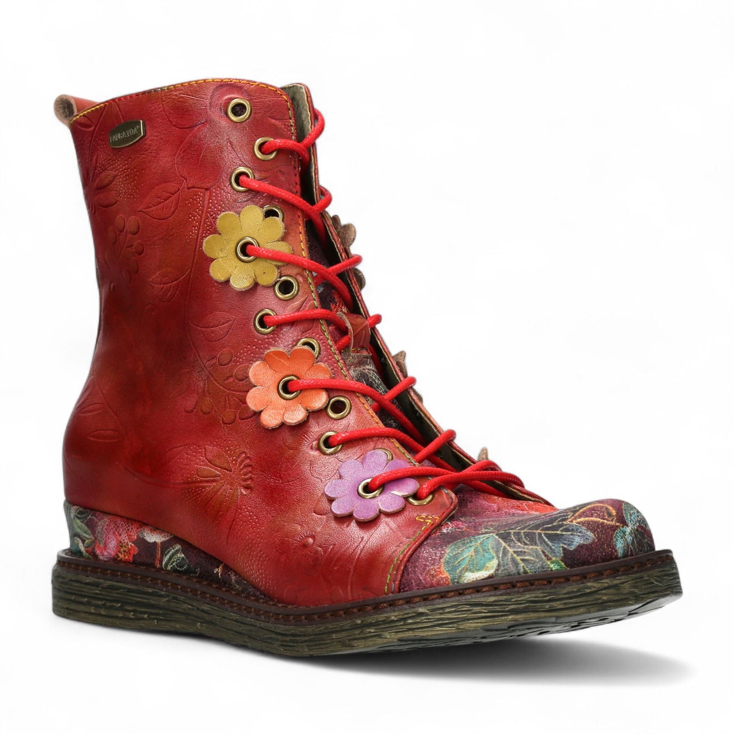 Laura Vita Ercnaulto 212 Red Floral Womens Gothic Victorian Leather Ankle Heeled Boots