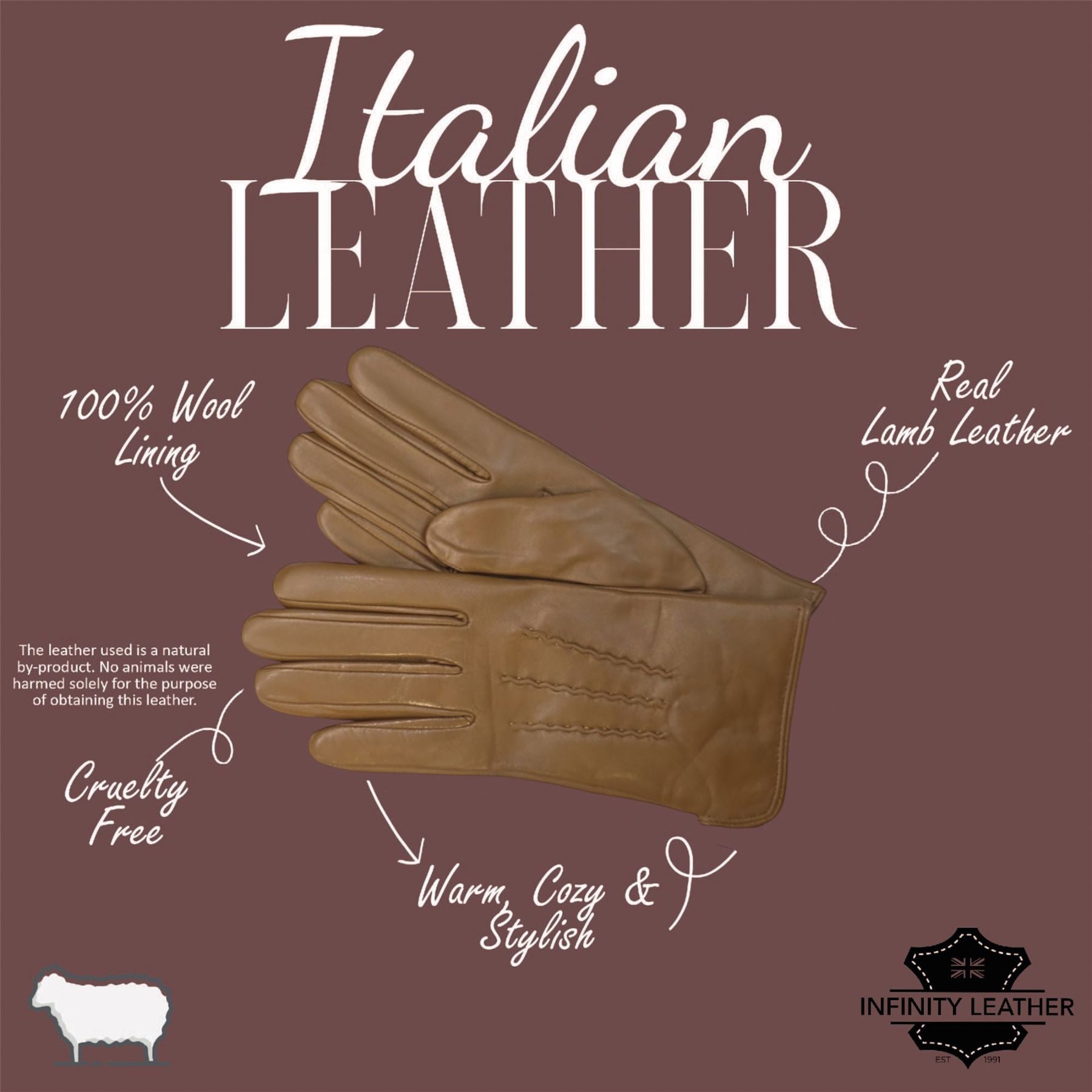 Womens Italian Leather Winter Stitch Line Design Soft Wool Lining Gloves