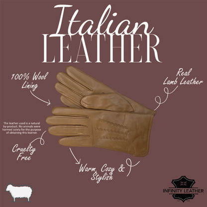 Womens Italian Leather Winter Stitch Line Design Soft Wool Lining Gloves