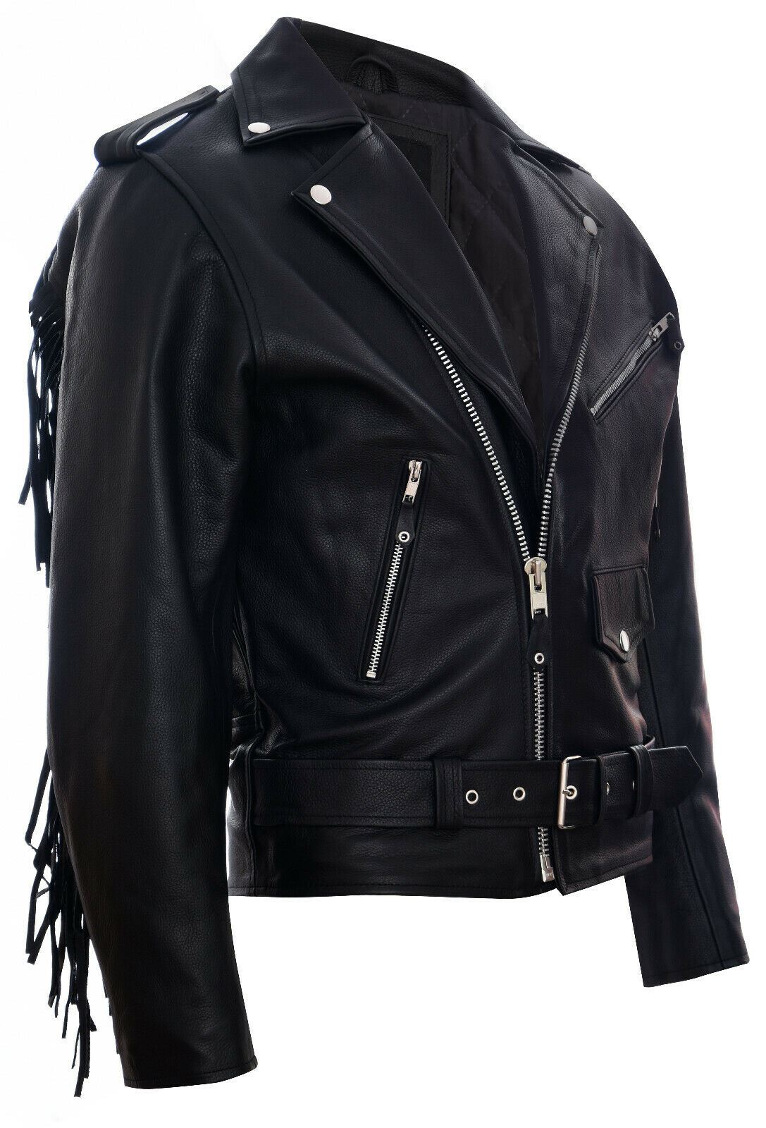 Mens Fringe Hide Leather Biker Jacket- Sevenoaks