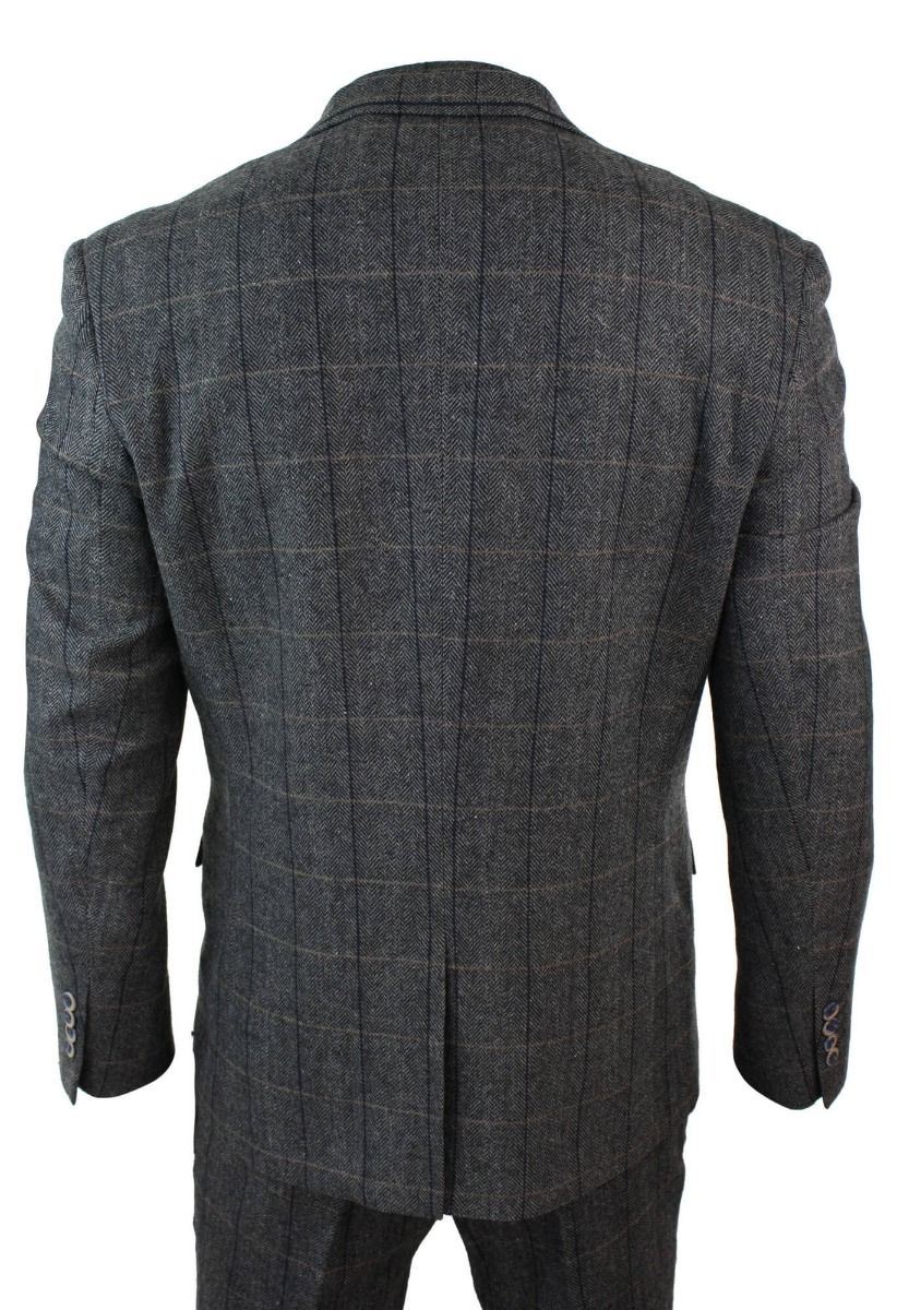 Mens 3 Piece Charcoal Grey Check Tweed Herringbone Vintage Classic Suit - Upperclass Fashions 