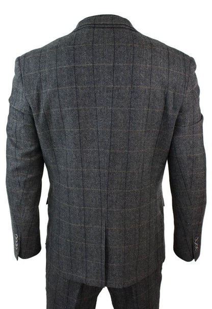 Mens 3 Piece Charcoal Grey Check Tweed Herringbone Vintage Classic Suit - Upperclass Fashions 