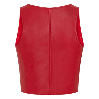 Womens Red Leather Waistcoat Biker Vest - MAM-WC