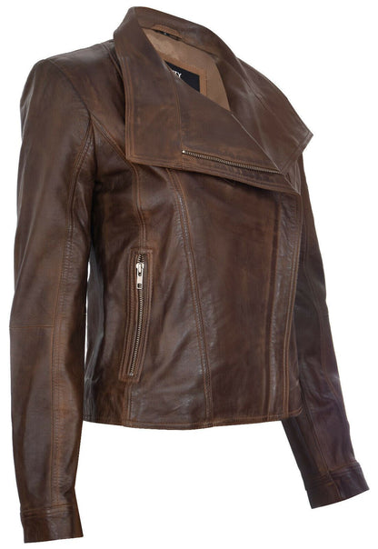 Womens Classic  Leather Shawl Wrap Biker Jacket - Morpeth