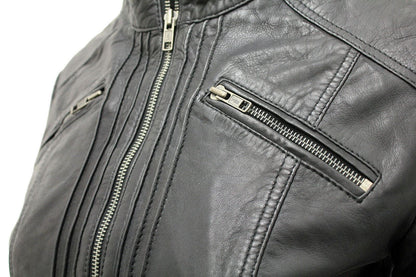 Womens Pleated Design Leather Biker Jacket-Middleham