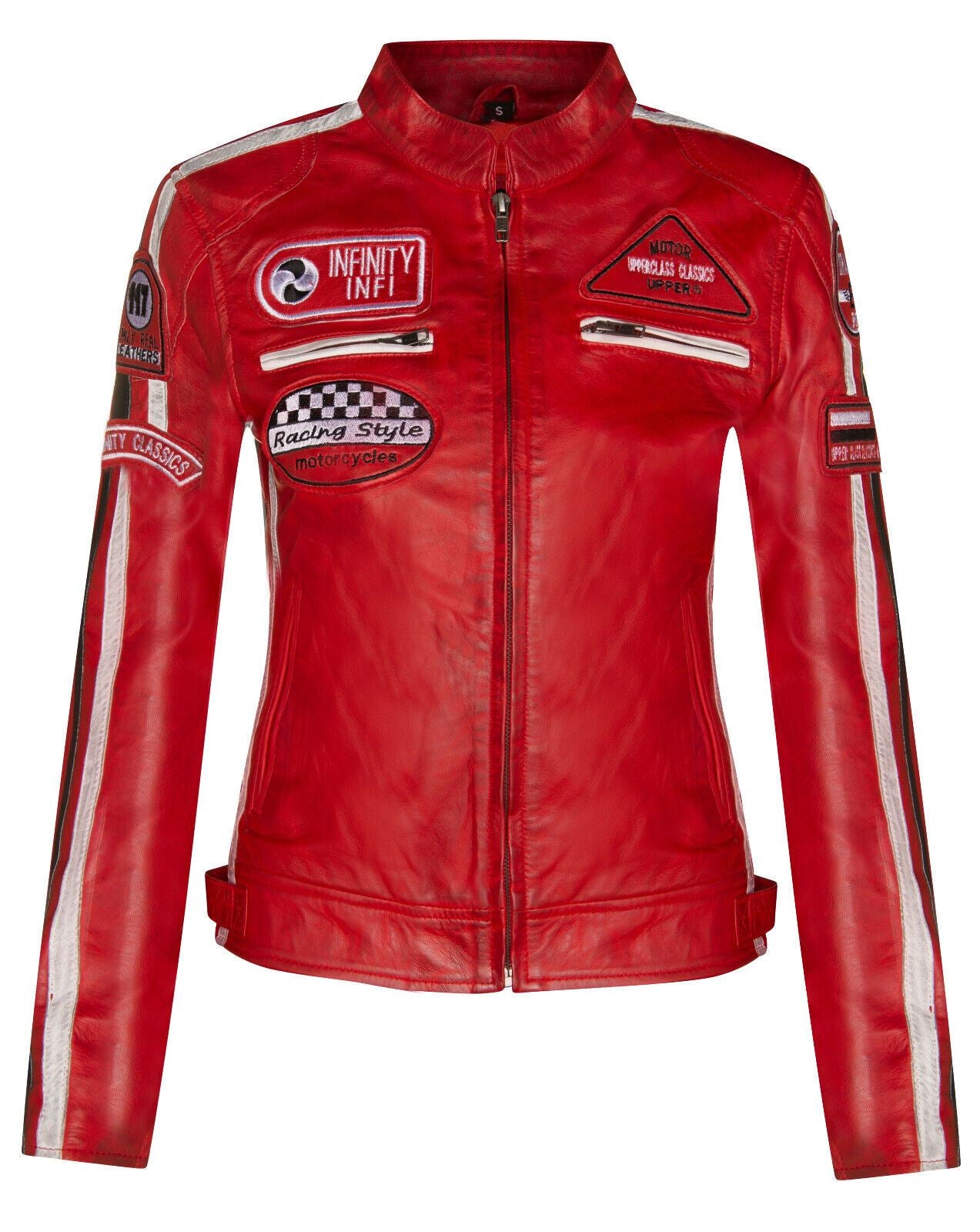 Womens Biker Racing Badges Leather Jacket-Eastleigh