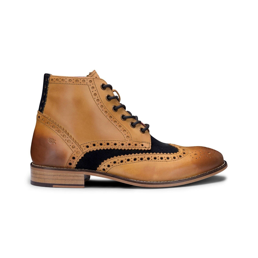 Mens Classic Oxford Tan Leather Gatsby Brogue Ankle Boots with Navy Suede - Upperclass Fashions 