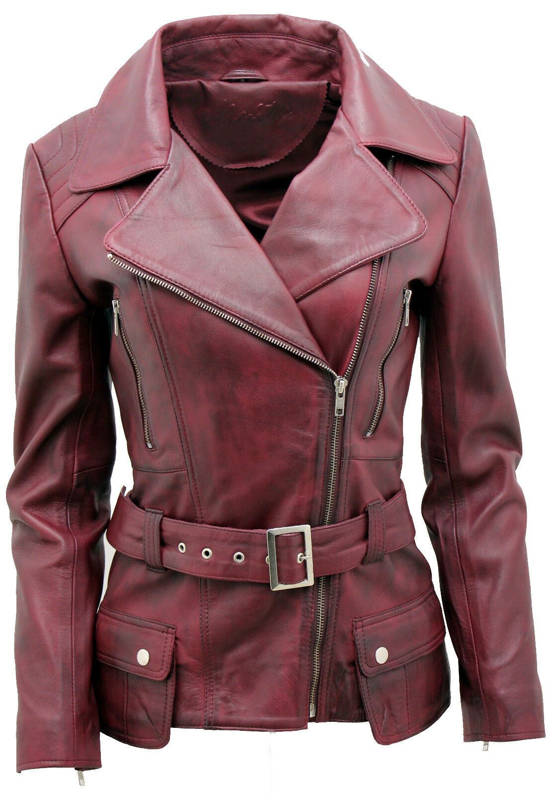Womens Mid-length Leather Biker Jacket-Middlewich