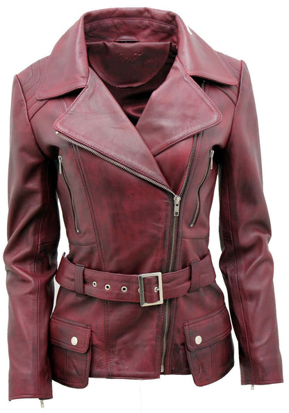 Womens Mid-length Leather Biker Jacket-Middlewich