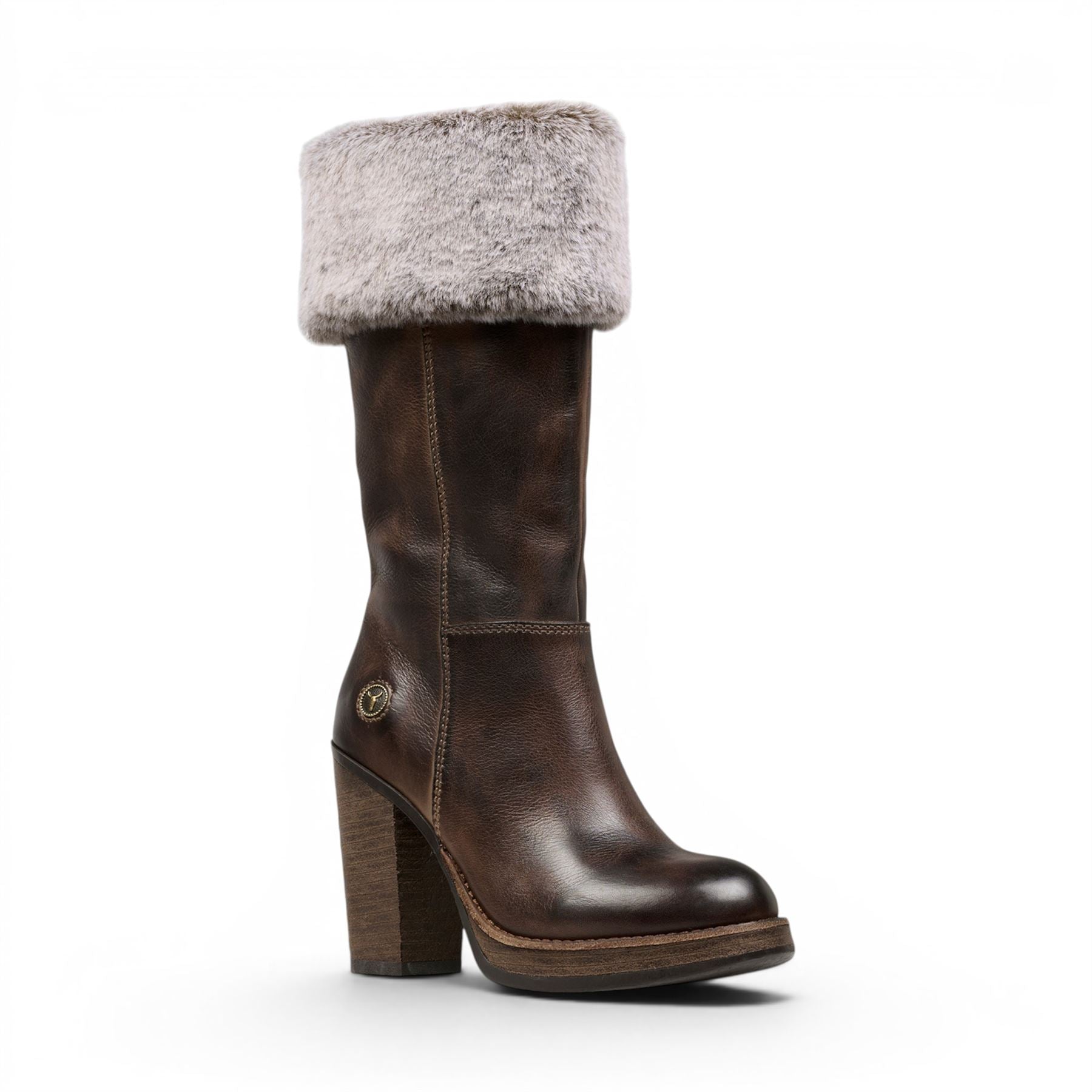 Windsorsmith Womens Mid Calf Brown Leather High Heel Fur Boots - Lovestruck