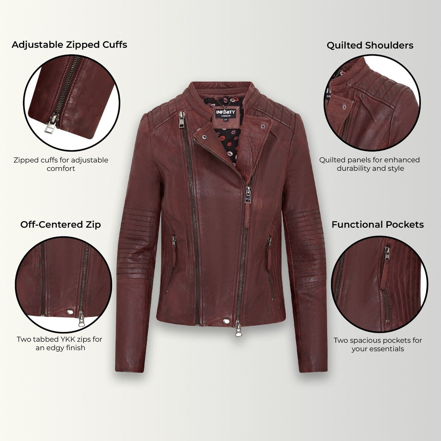 Womens Burgundy Biker Leather Jacket - Watlington