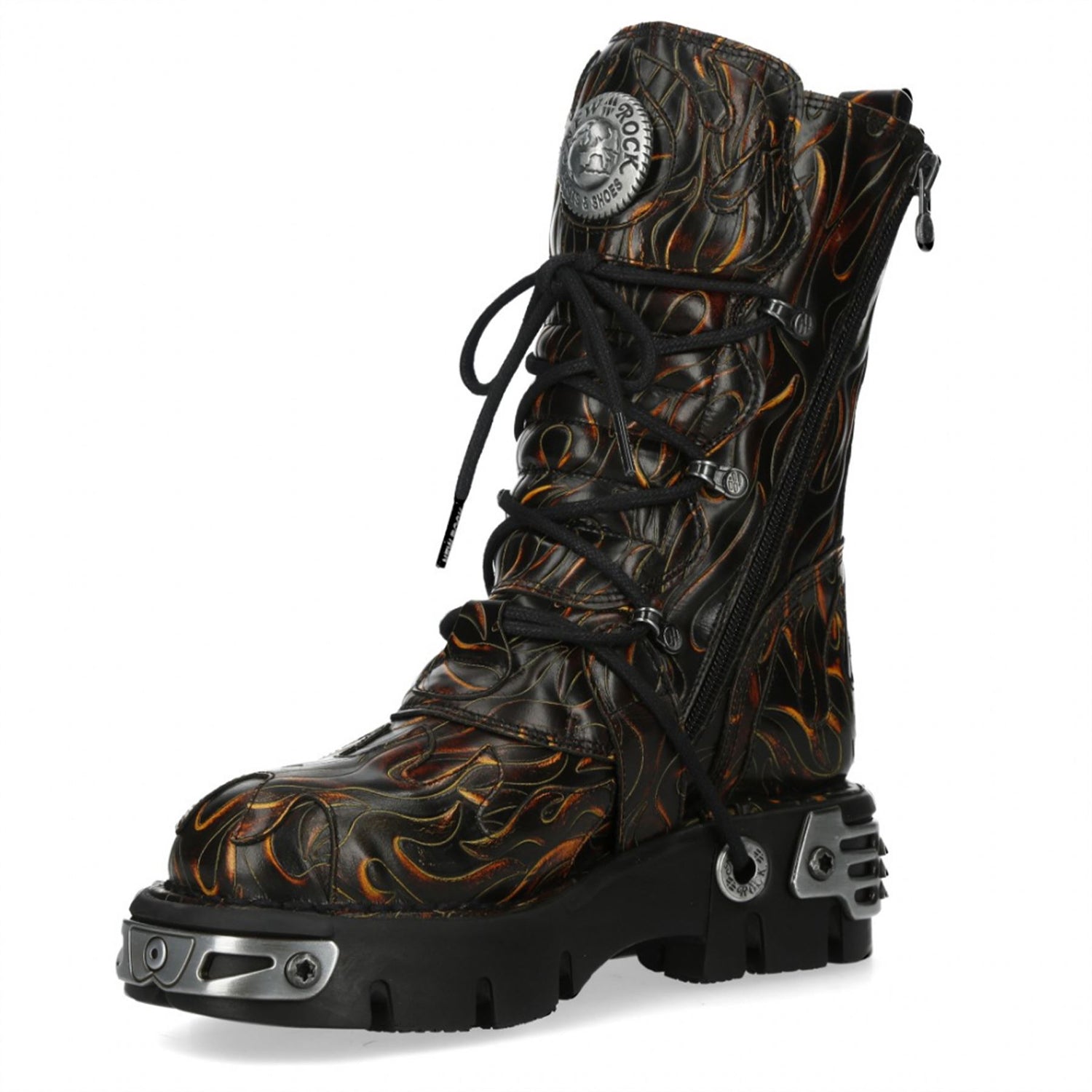New Rock M-591-C62 Mid-Calf High Black Flame Leather Metallic Gothic Boots