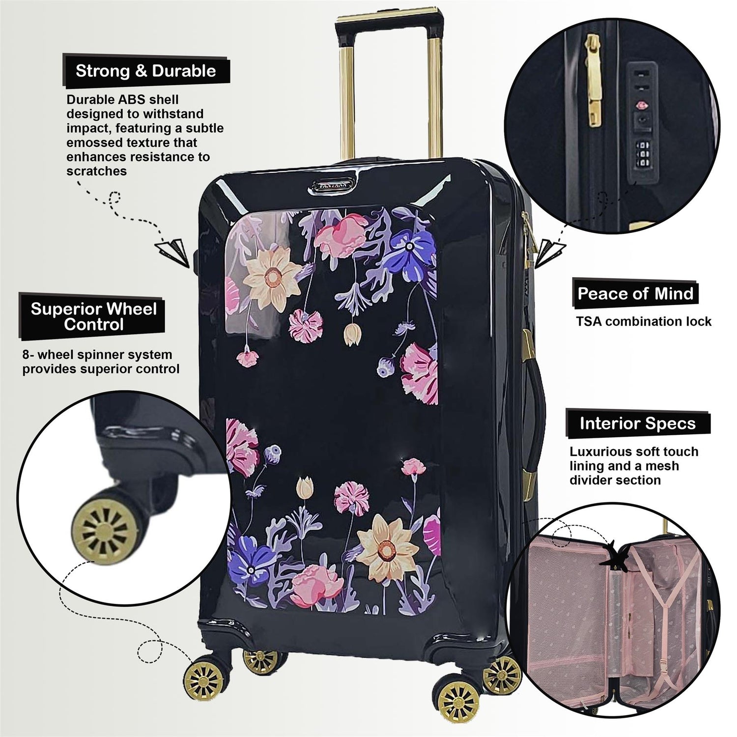 Hard Shell Cabin 4 Wheel Suitcase Flower Print Luggage