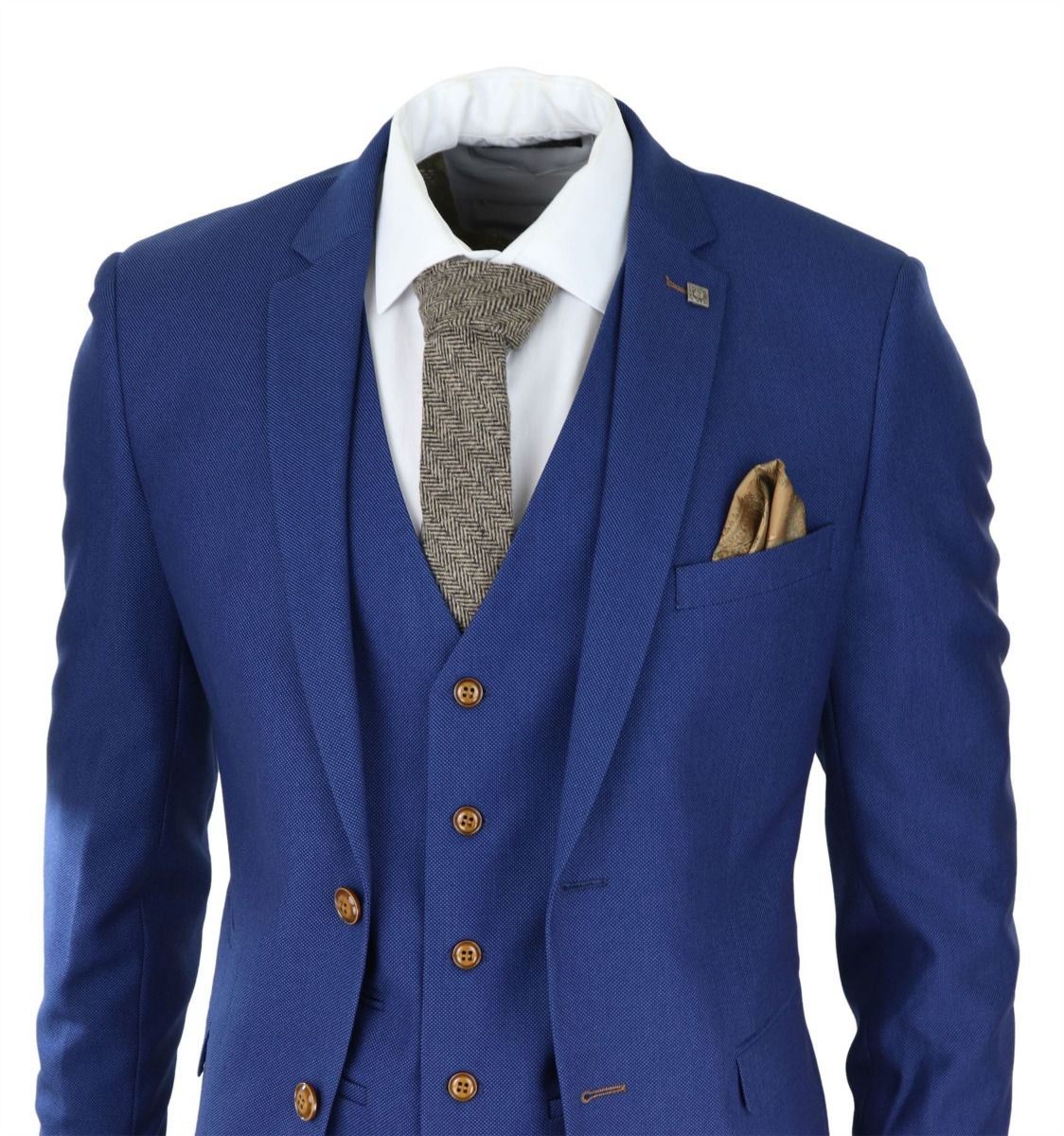 Mens 3 Piece Royal Blue Birdseye Classic Suit - Upperclass Fashions 