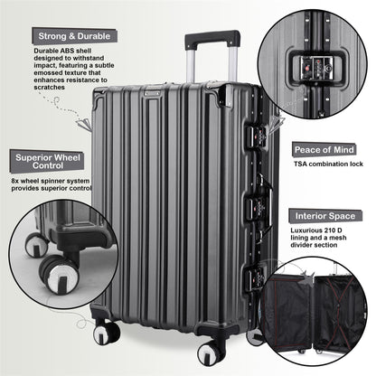 Hardshell Charcoal Black Suitcase Set Robust 8 Wheel Luggage Cabin Case Bag - IL-PC-ALLOY-CHAR